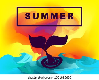 Vector Illustration of Summer Background Digital Painting with Whale Tail. Flat Line Icon for Graphic Design.