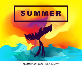 Vector Illustration of Summer Background Digital Painting with Whale Tail. Flat Line Icon for Graphic Design.