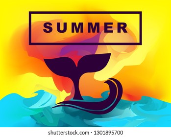 Vector Illustration of Summer Background Digital Painting with Whale Tail. Flat Line Icon for Graphic Design.
