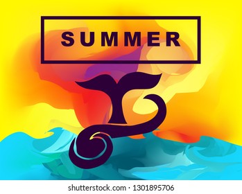 Vector Illustration of Summer Background Digital Painting with Whale Tail. Flat Line Icon for Graphic Design.