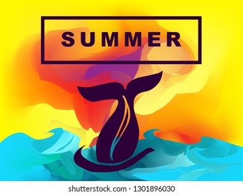 Vector Illustration of Summer Background Digital Painting with Whale Tail. Flat Line Icon for Graphic Design.
