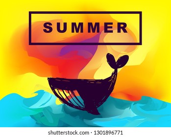 Vector Illustration of Summer Background Digital Painting with Whale Animal. Flat Line Icon for Graphic Design.