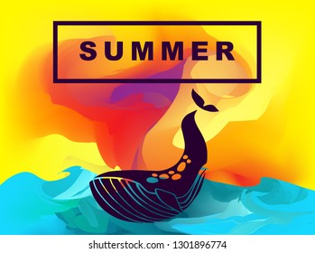 Vector Illustration of Summer Background Digital Painting with Whale Animal. Flat Line Icon for Graphic Design.