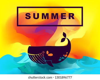 Vector Illustration of Summer Background Digital Painting with Whale Animal. Flat Line Icon for Graphic Design.