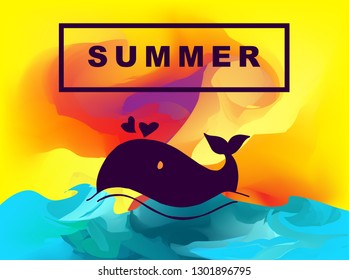 Vector Illustration of Summer Background Digital Painting with Whale Animal. Flat Line Icon for Graphic Design.