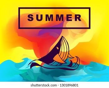 Vector Illustration of Summer Background Digital Painting with Whale Animal. Flat Line Icon for Graphic Design.