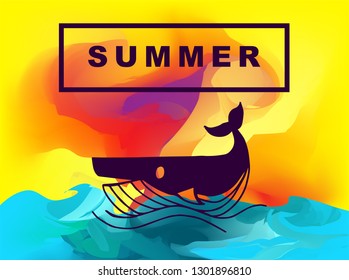 Vector Illustration of Summer Background Digital Painting with Whale Animal. Flat Line Icon for Graphic Design.