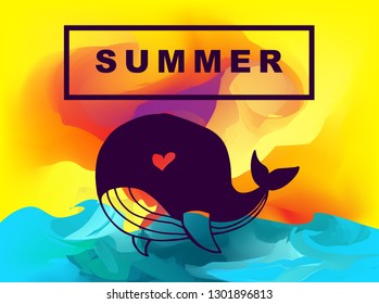 Vector Illustration of Summer Background Digital Painting with Whale Animal. Flat Line Icon for Graphic Design.