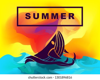 Vector Illustration of Summer Background Digital Painting with Whale Animal. Flat Line Icon for Graphic Design.