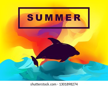 Vector Illustration of Summer Background Digital Painting with Dolphin Animal. Flat Line Icon for Graphic Design.