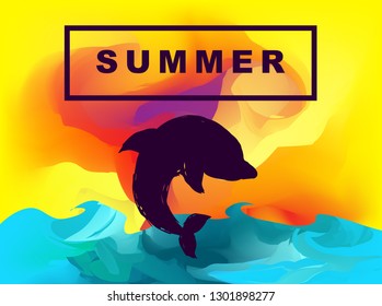 Vector Illustration of Summer Background Digital Painting with Dolphin Animal. Flat Line Icon for Graphic Design.