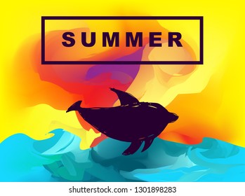 Vector Illustration of Summer Background Digital Painting with Dolphin Animal. Flat Line Icon for Graphic Design.