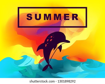 Vector Illustration of Summer Background Digital Painting with Dolphin Animal. Flat Line Icon for Graphic Design.