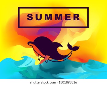 Vector Illustration of Summer Background Digital Painting with Dolphin Animal. Flat Line Icon for Graphic Design.