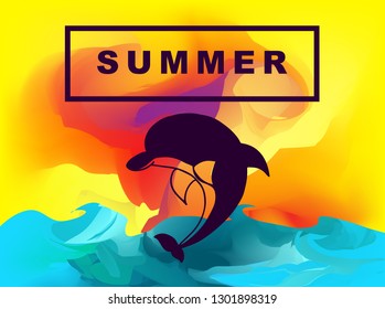 Vector Illustration of Summer Background Digital Painting with Dolphin Animal. Flat Line Icon for Graphic Design.