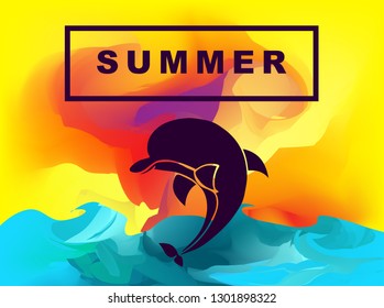 Vector Illustration of Summer Background Digital Painting with Dolphin Animal. Flat Line Icon for Graphic Design.
