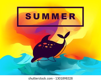 Vector Illustration of Summer Background Digital Painting with Dolphin Animal. Flat Line Icon for Graphic Design.