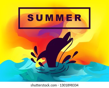 Vector Illustration of Summer Background Digital Painting with Dolphin Animal. Flat Line Icon for Graphic Design.