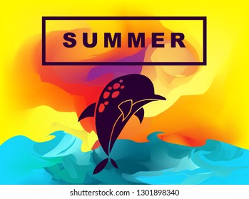 Vector Illustration of Summer Background Digital Painting with Dolphin Animal. Flat Line Icon for Graphic Design.