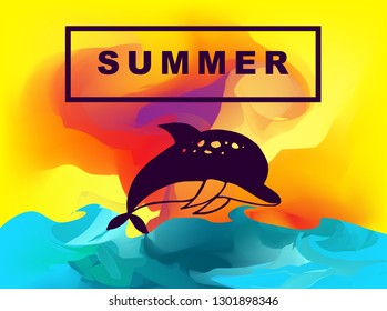Vector Illustration of Summer Background Digital Painting with Dolphin Animal. Flat Line Icon for Graphic Design.