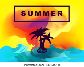 Vector Illustration of Summer Background Digital Painting with Palm Tree. Flat Line Icon for Graphic Design.