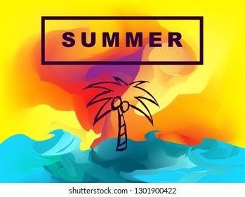 Vector Illustration of Summer Background Digital Painting with Palm Tree. Flat Line Icon for Graphic Design.
