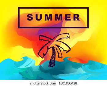 Vector Illustration of Summer Background Digital Painting with Palm Tree. Flat Line Icon for Graphic Design.