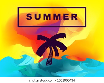 Vector Illustration of Summer Background Digital Painting with Palm Tree. Flat Line Icon for Graphic Design.