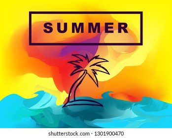 Vector Illustration of Summer Background Digital Painting with Palm Tree. Flat Line Icon for Graphic Design.