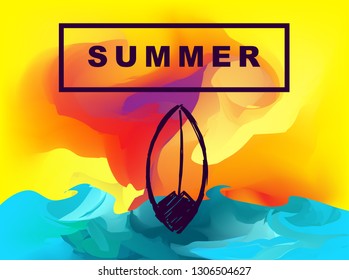 Vector Illustration of Summer Background Digital Painting with Surfboard. Flat Line Icon for Graphic Design.