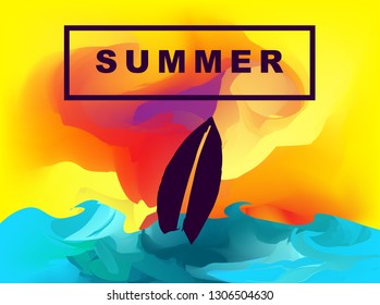 Vector Illustration of Summer Background Digital Painting with Surfboard. Flat Line Icon for Graphic Design.