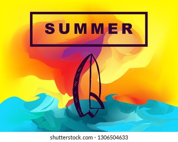Vector Illustration of Summer Background Digital Painting with Surfboard. Flat Line Icon for Graphic Design.