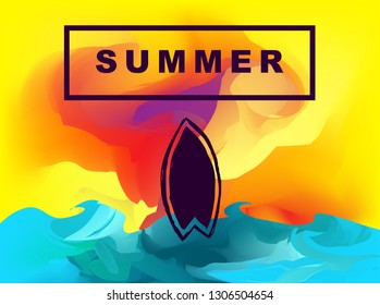 Vector Illustration of Summer Background Digital Painting with Surfboard. Flat Line Icon for Graphic Design.