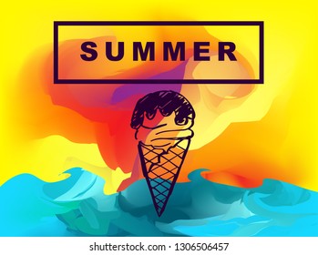 Vector Illustration of Summer Background Digital Painting with Ice Cream. Flat Line Icon for Graphic Design.