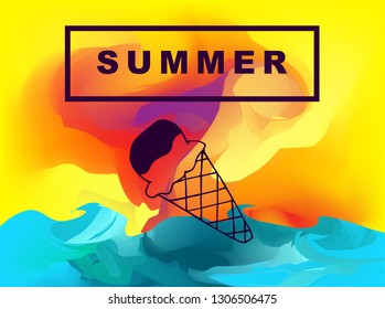 Vector Illustration of Summer Background Digital Painting with Ice Cream. Flat Line Icon for Graphic Design.