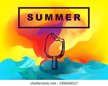 Vector Illustration of Summer Background Digital Painting with Ice Cream. Flat Line Icon for Graphic Design.