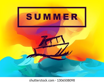 Vector Illustration of Summer Background Digital Painting with Ship or Boat. Flat Line Icon for Graphic Design.