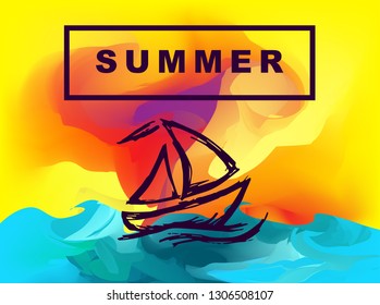Vector Illustration of Summer Background Digital Painting with Ship or Boat. Flat Line Icon for Graphic Design.