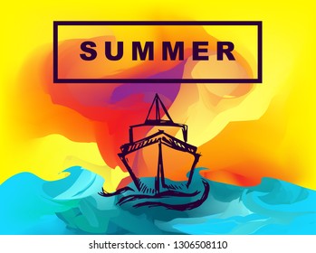 Vector Illustration of Summer Background Digital Painting with Ship or Boat. Flat Line Icon for Graphic Design.