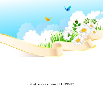 Vector illustration of Summer background with grass and ribbon