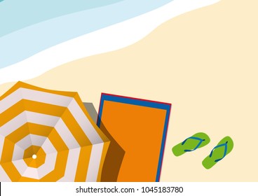 Vector illustration, summer background. Sea and sand with umbrela and flip flops.