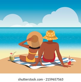 Vector illustration summer background with sea beach, blue sky and clouds on a sunny day, couple in love family man and woman on vacation sunbathing and swimming in the ocean