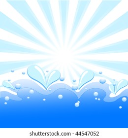 Vector illustration of summer background with sun rays, waves and water drops.
