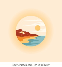 Vector illustration of summer background in sunset with turquoise water, sandy beach and beach umbrella  perfect for ittinerary promotion template