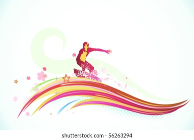 Vector illustration of summer background with a surfer riding a huge abstract wave