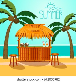 Vector illustration. Summer background. Tiki bar.