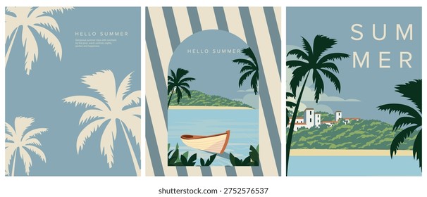 Vector illustration. Summer backgrounds, postcards, covers. Beach, summer landscape.