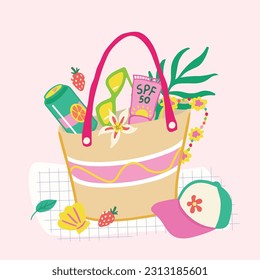 Vector illustration of summer bag with beachwear and sunprotection inside. Hand-drawn baseball cap, seashell, strawberry composition. Summer outdoor beach vacation concept. 