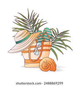 Vector illustration of summer bag with hat, flip flops, tropical leaves, glasses, shell. Summer holiday illustration. Recreation, vacation concept.