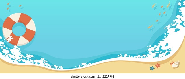 Vector illustration of summer banner background with copy space. Summer vacation concept with beach waves and seaside creatures.